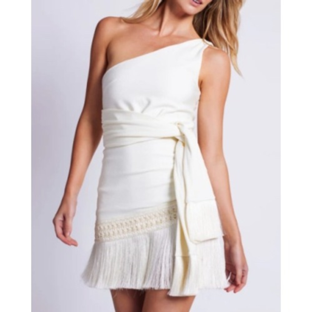 PatBO Fringe One Shoulder Mini Dress Ivory US 0 Resort Bridal XS